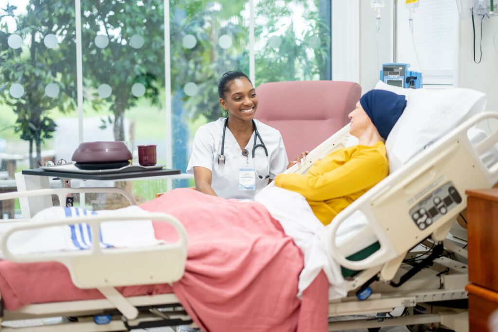 Doctor talking to a cancer patient in the cancer center
