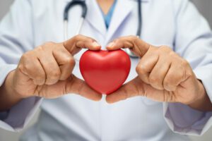 A heart doctor holding a red heart model in the hospital to illustrate a healthy and strong heart in medicine.